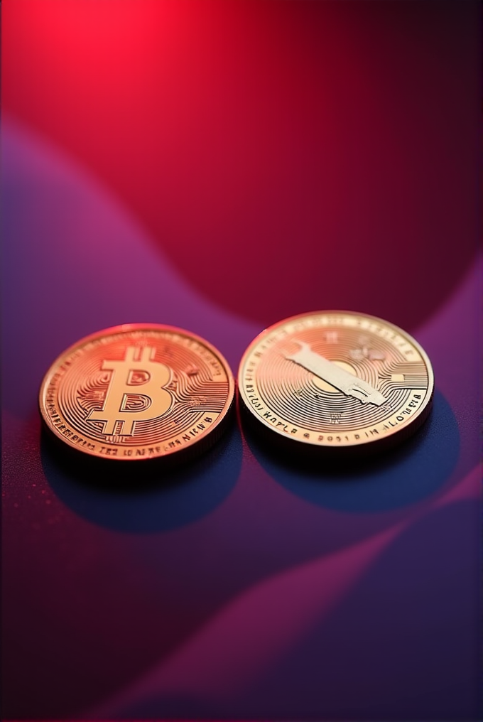 Two golden coins with cryptocurrency symbols are placed on a red and purple gradient background.