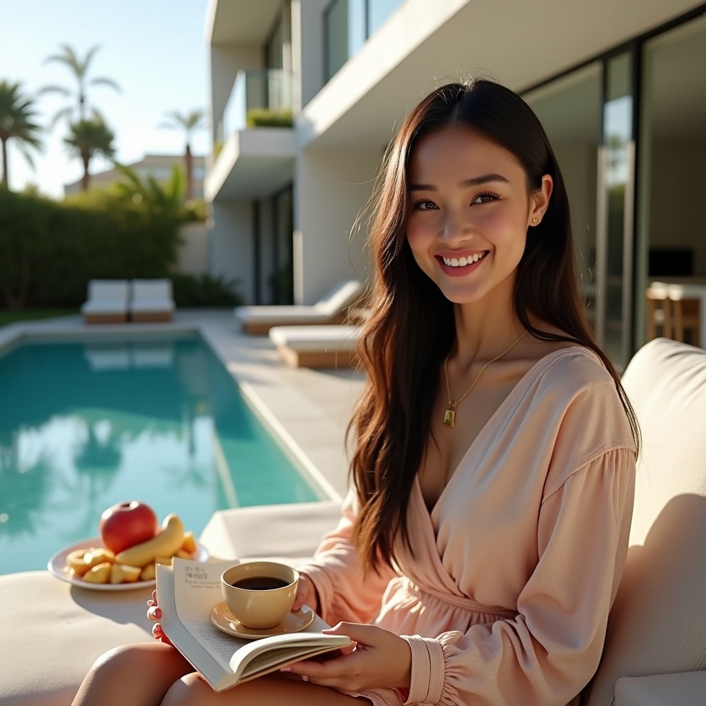 A female CEO wearing an elegant LV long-sleeved nightgown. Sitting on a sofa next to a swimming pool in a Miami villa. Holding a book and a cup of coffee with fresh fruits. Long straight hair. Warm atmosphere.