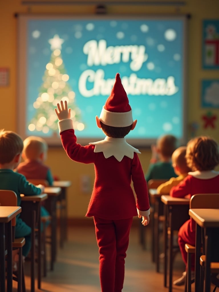 Elf waves farewell dressed in red outfit with white details. Soft warm lighting highlights class scene. Classroom setting with children. Merry Christmas projected in the background. Year 1.2.