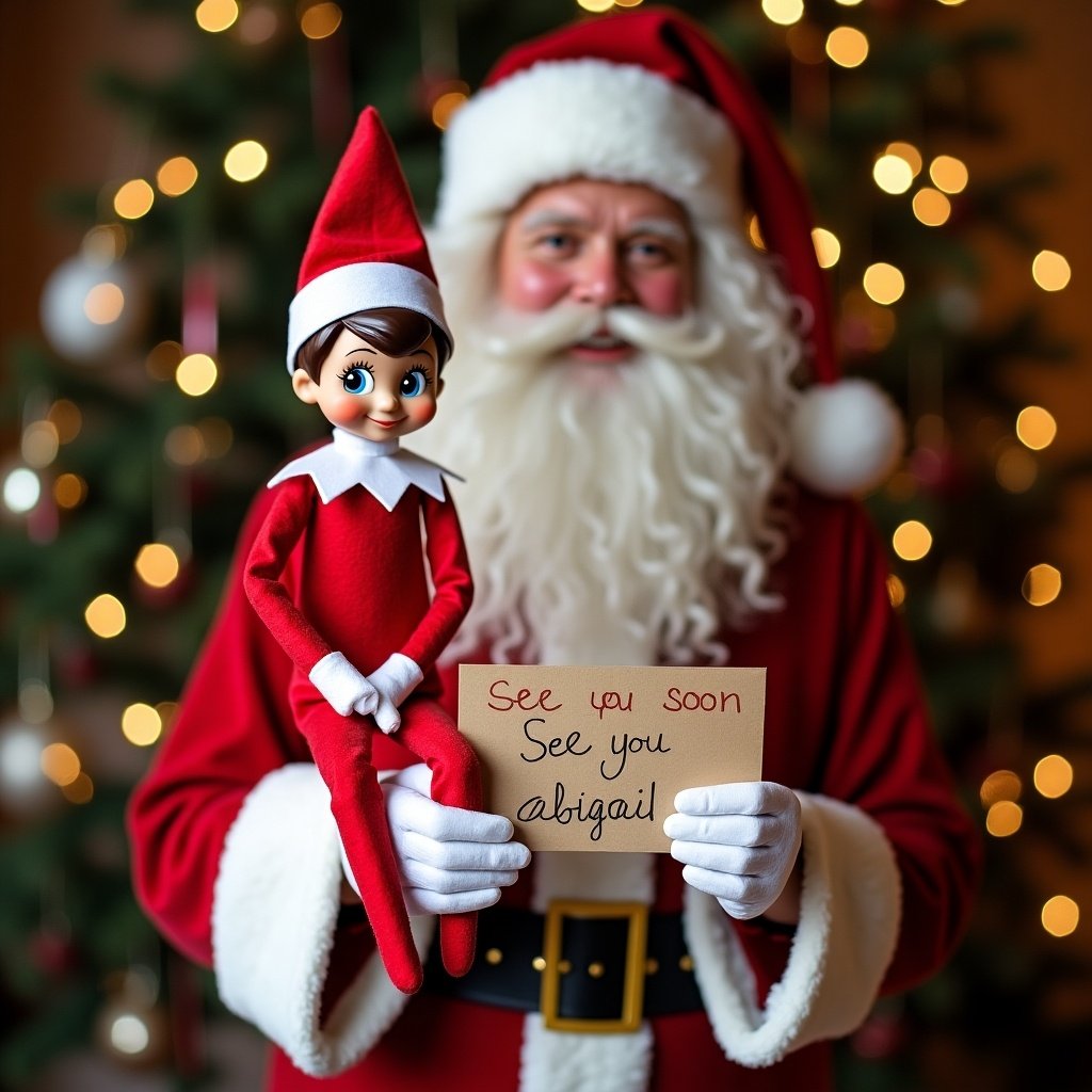 Santa holds an elf on the shelf. The elf wears red. A sign says see you soon abigail. Background features a Christmas tree with lights. Warm holiday atmosphere fills the scene.