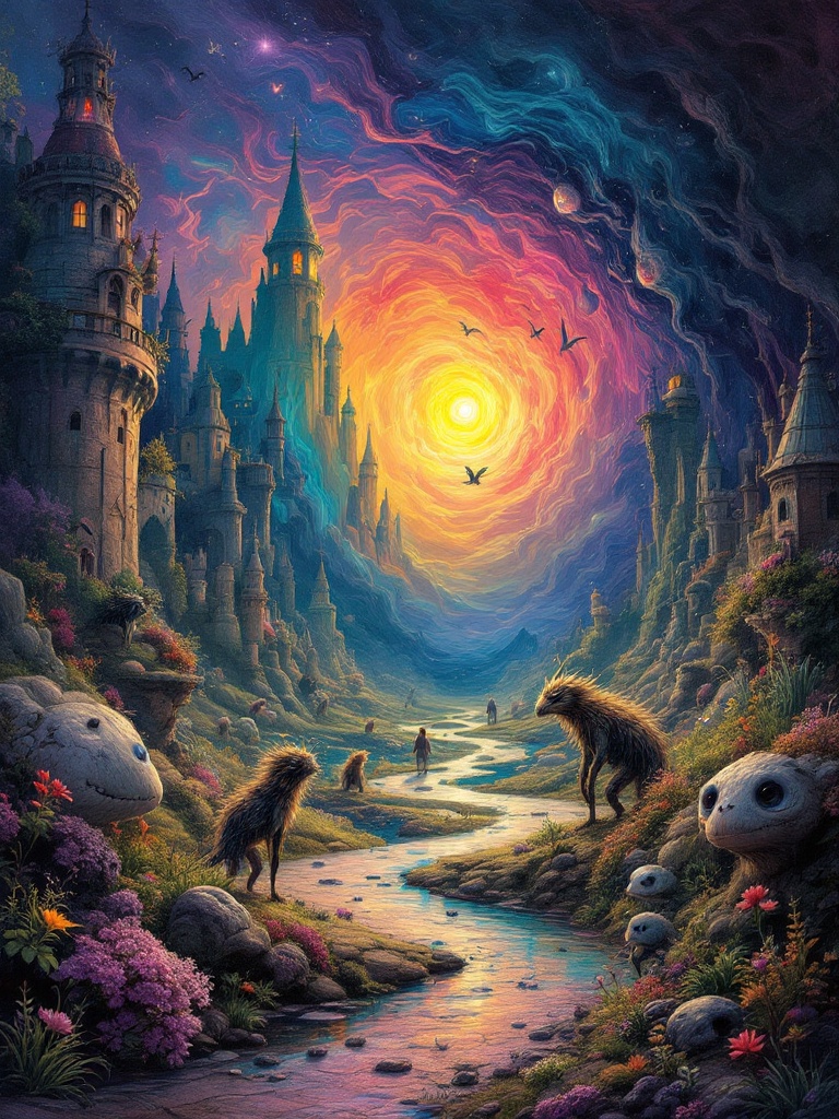 Surreal landscape featuring towers and castles. Creative dreamlike sky with colorful swirls. Fantasy creatures roam the path by the river. Person standing in a magical scenery. Floral elements surround the scene.