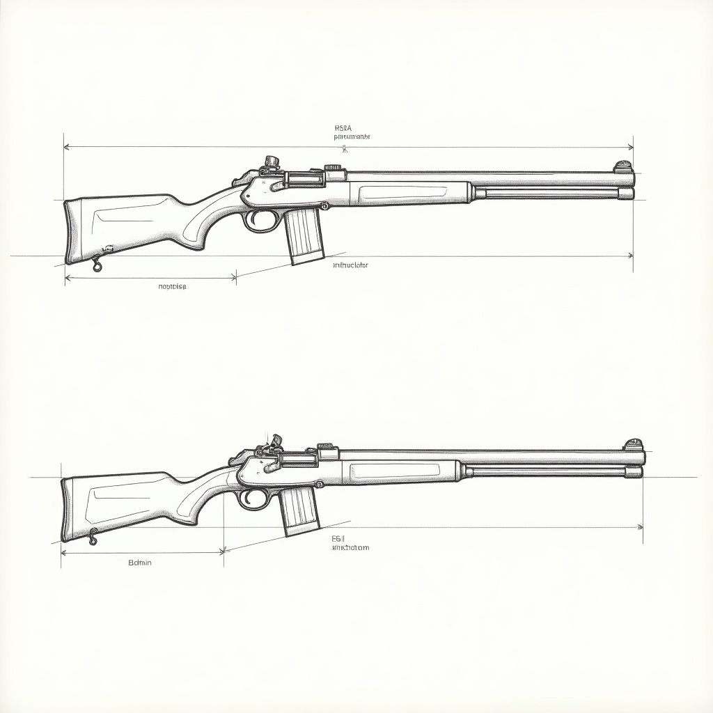 Create a side view blueprint drawing of two rifles. Show details from a lateral perspective. Use clean lines with measurements. Label various components clearly. Accurately represent finish and texture in a schematic style. Neutral background enhances clarity.