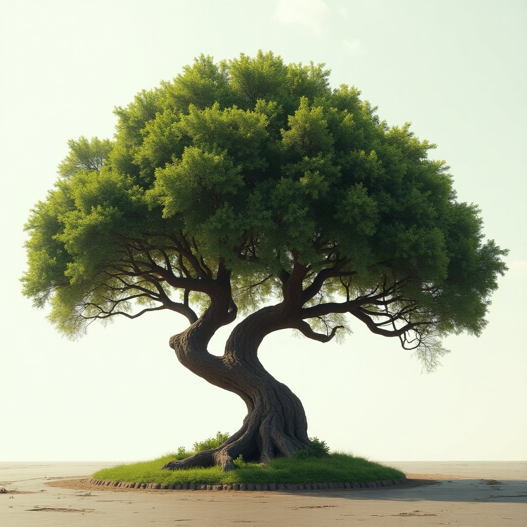 Curvy tree with a thick trunk and vibrant green leaves. Tree stands alone against a light background. Roots and foliage are prominently displayed.