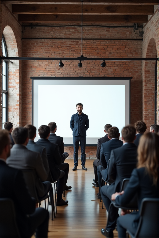 A man in a suit presenting to an audience in a brick-walled conference room.