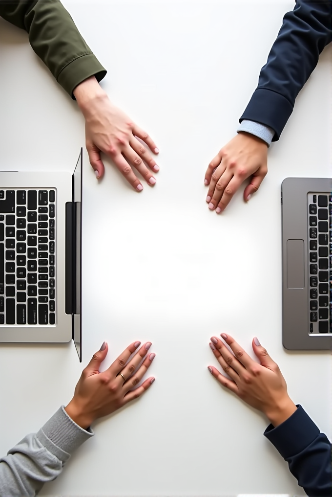 Three pairs of hands rest on a white table surrounded by two open laptops.