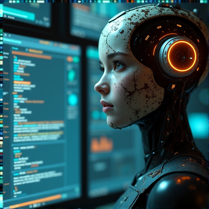 A humanoid cyborg with cracked skin gazes intently at a computer screen displaying complex code and data visualizations, epitomizing the fusion of technology and human-like features.