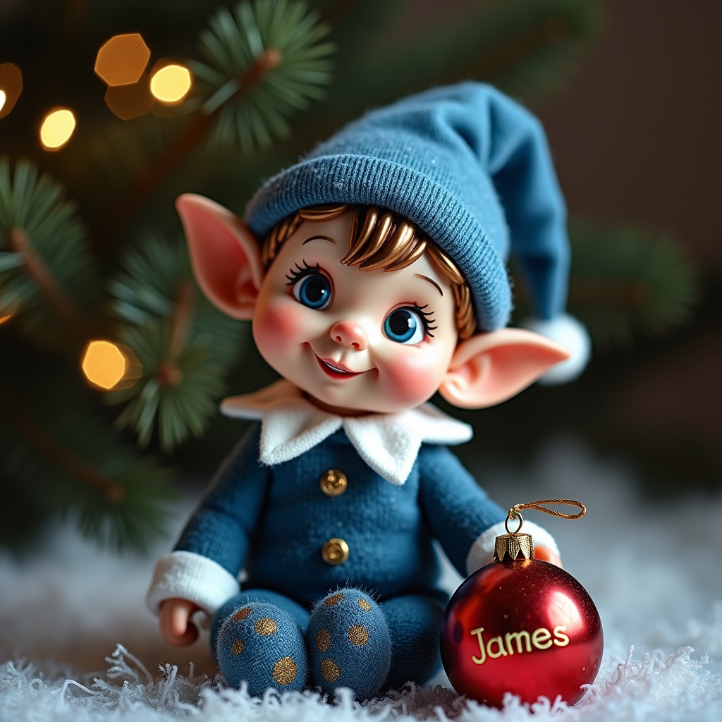 A cute Christmas elf dressed in a cozy blue outfit sits on a snowy surface, holding a shiny red Christmas bauble labeled 'James'. The elf has a joyful expression, with big, bright eyes, and pointed ears. Behind the elf, a softly lit Christmas tree creates a warm, festive atmosphere. The elf's outfit includes a white collar and polka dot pants, enhancing its adorable appearance. The scene captures the magic of Christmas and the joy of giving.