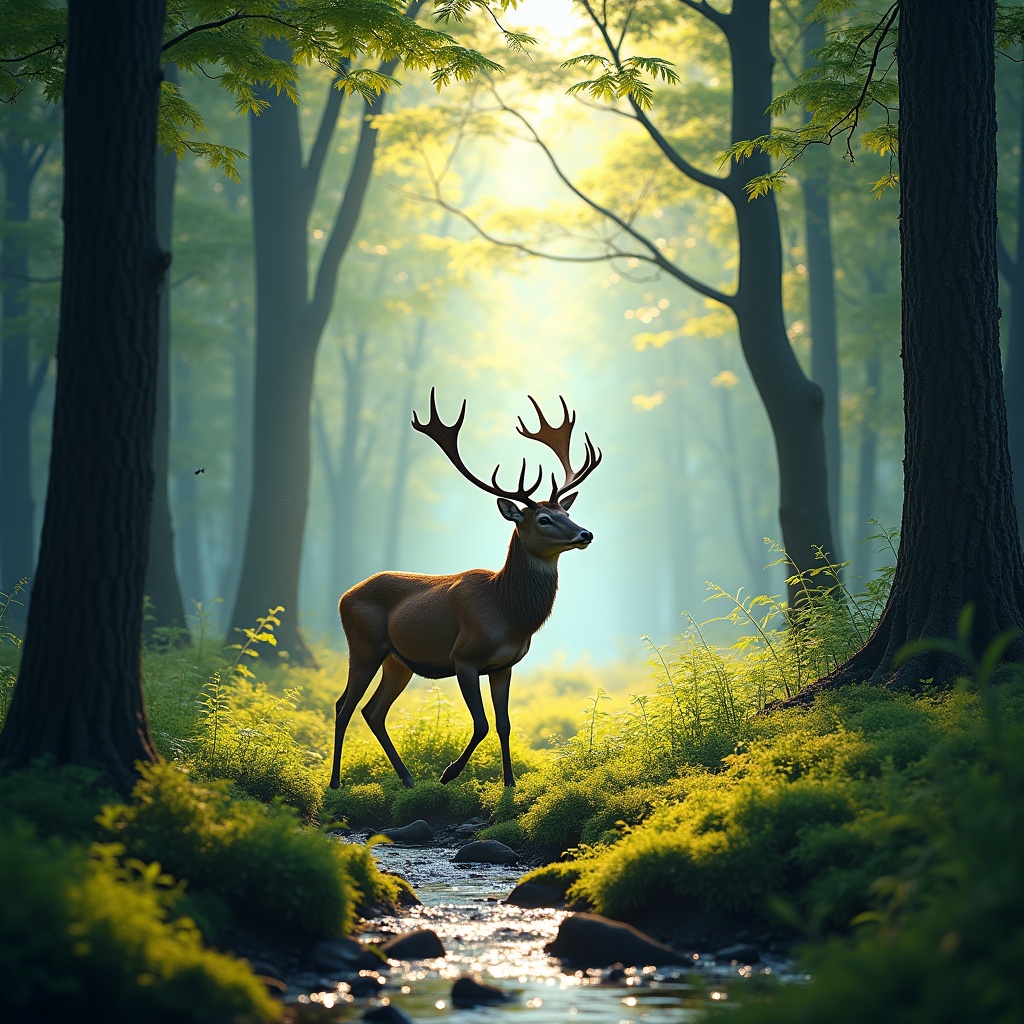 A stag in a sunlit forest. A stream flows through lush greenery. Ethereal light shines through the trees. The scene captures tranquility and wildlife beauty.