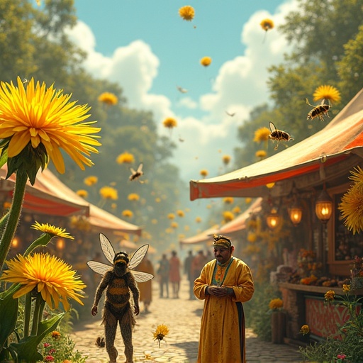 A bustling bee bazaar set in a lush landscape. Giant dandelions serve as market stalls. Bees in costumes barter with pollen coins. A bee orchestra plays instruments made from petals and leaves.