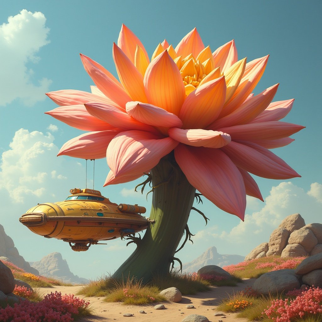 A spaceship designed to look like a large flower. The flower is bright and vibrant. The flower's base is thick and green. A spaceship is attached to the flower's stem. The surroundings are rocky with colorful flora.