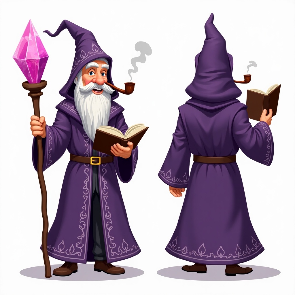 Turnaround view of a wizard character. Wizard wears a purple cloak with intricate designs. Holds a staff with a pink crystal and an open book. Pipe in mouth and charming mustache. Show front, side, and back views.