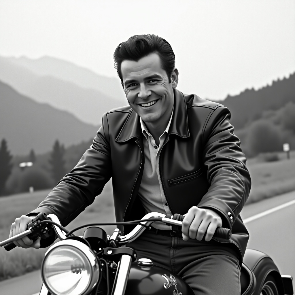 A man smiling while riding a motorcycle in a scenic landscape with mountains in the background. The image is in black and white and captures a vintage feel.