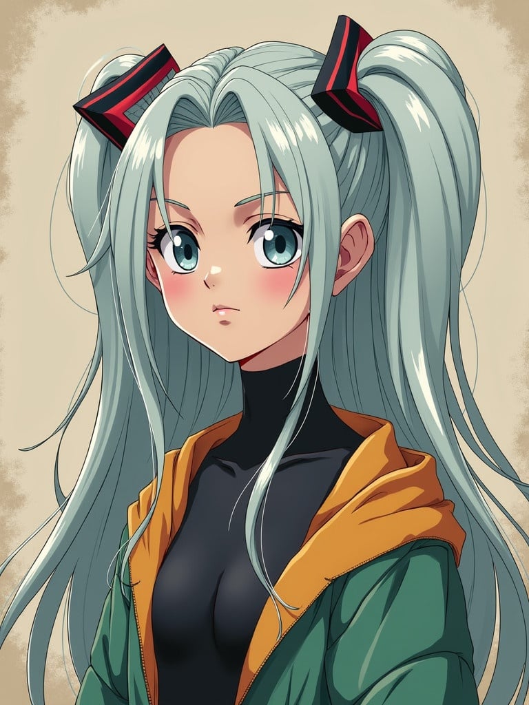 Character inspired by Billie Eilish with green hair and ponytails. Wears a green jacket and has a unique hairstyle. Character design resembles anime art style.