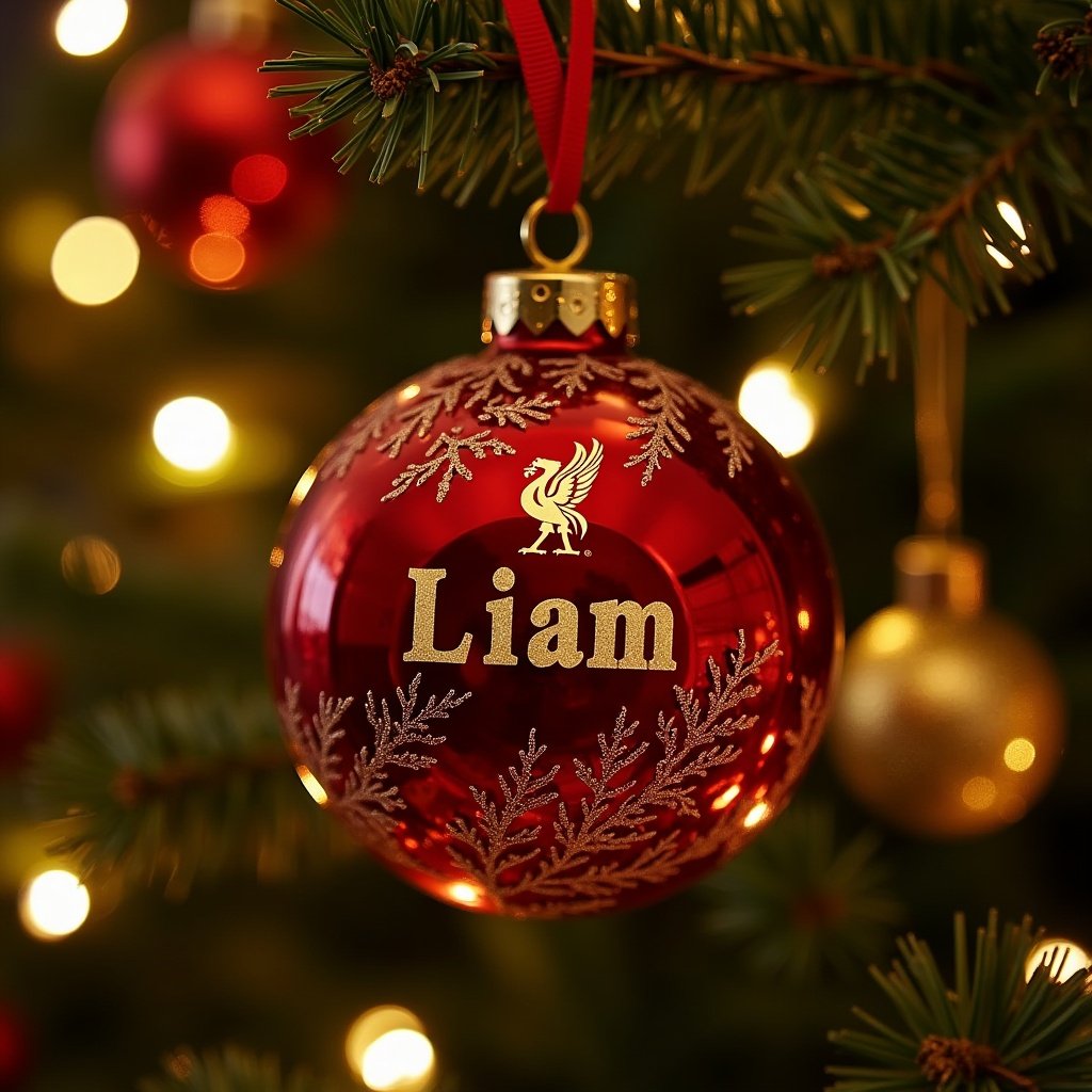 Beautiful memorial Liverpool Football Club bauble on a lighted Christmas tree. Name 'Liam' displayed in elegant font.