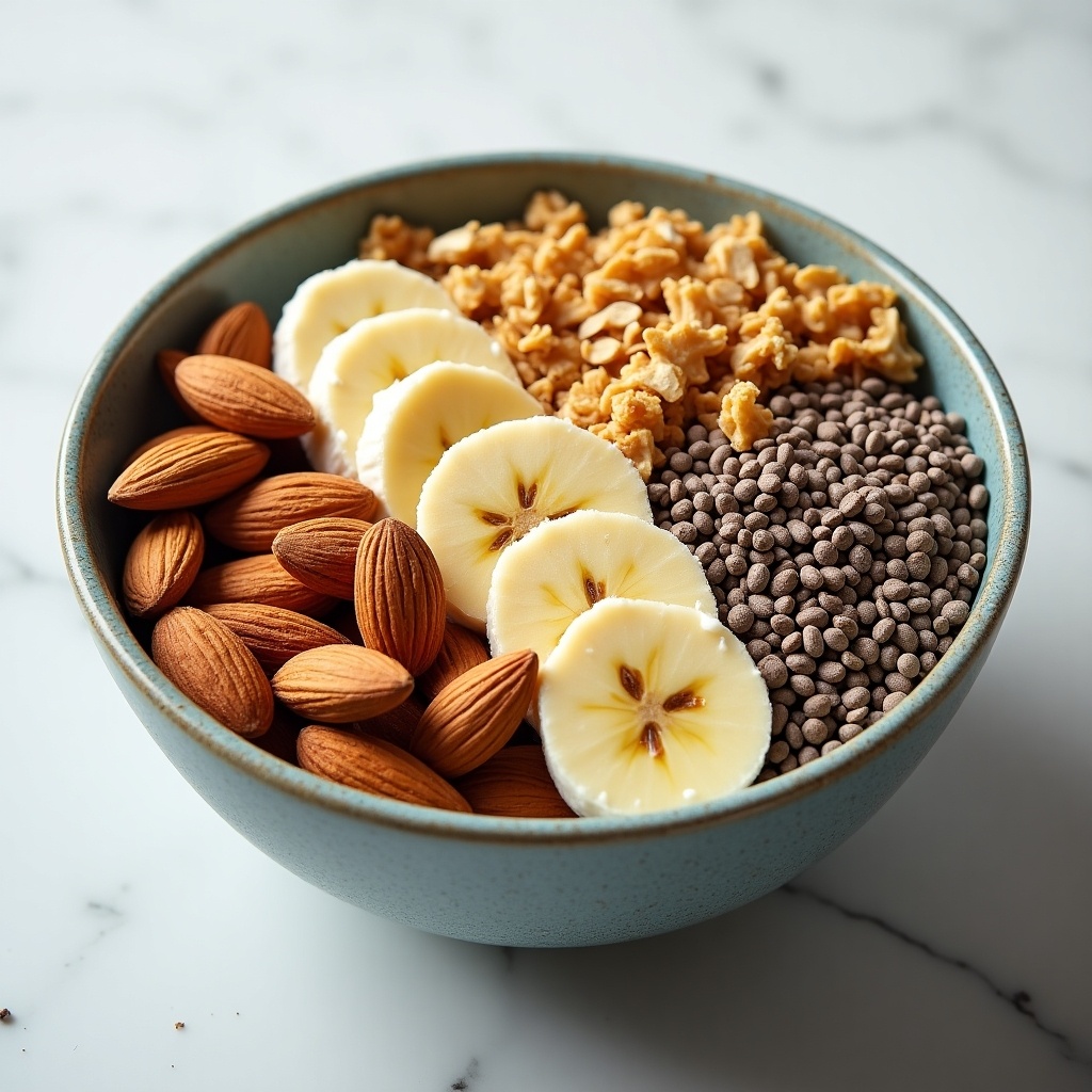 Bowl filled with banana slices granola almonds chia seeds yogurt. Top-down view of food arrangement.