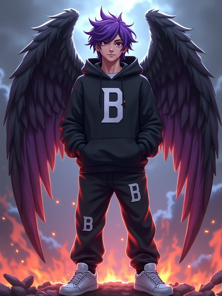 An illustration of a character resembling DJ Alok from Free Fire. Character features dark angel wings and purple and white hair. Dressed in a black hoodie with a letter 'B'. Wearing white sneakers. Stands confidently in a stormy background with flames.