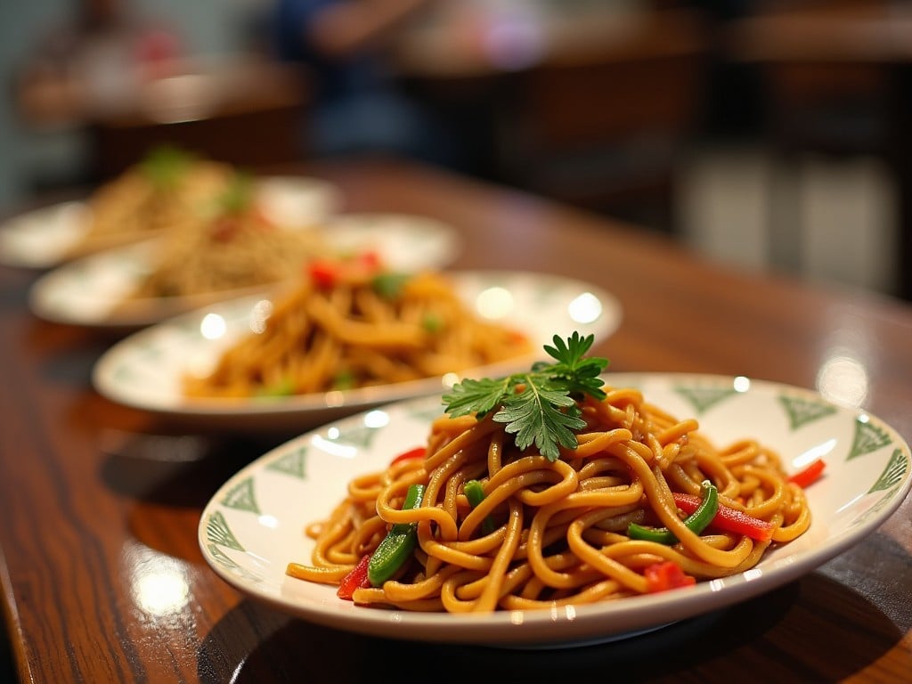 This image features a close-up of chow mein, a popular Chinese noodle dish, elegantly plated on a decorative dish. The noodles are stir-fried with colorful bell peppers and garnished with a sprig of parsley, emphasizing fresh ingredients. The setting showcases a polished wooden dining table, hinting at a modern restaurant atmosphere. In the background, additional plates of similar dishes create a sense of variety. The soft lighting highlights the textures and colors of the food, making it visually appealing. It's an inviting scene that evokes the sense of enjoying a delicious meal in a relaxed dining environment.