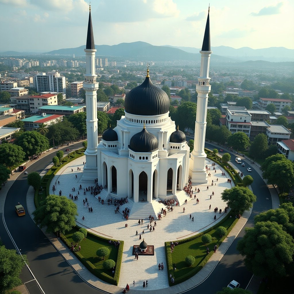 Drone view captures Banda Aceh city and its vibrant atmosphere. Modern buildings and busy market areas fill the landscape. Masjid Baiturrahman mosque stands out with black domes and white architecture in the center. Surrounding lush gardens complement the spacious plaza. The scene shows tropical greenery. Vehicles move on the roads filled with people engaging in various activities. The artwork is immersive and reflects the unique charm of Banda Aceh.