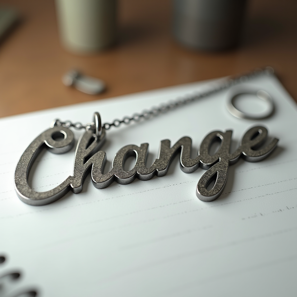 A metallic chain with the word 'Change' in script lies on a piece of paper.