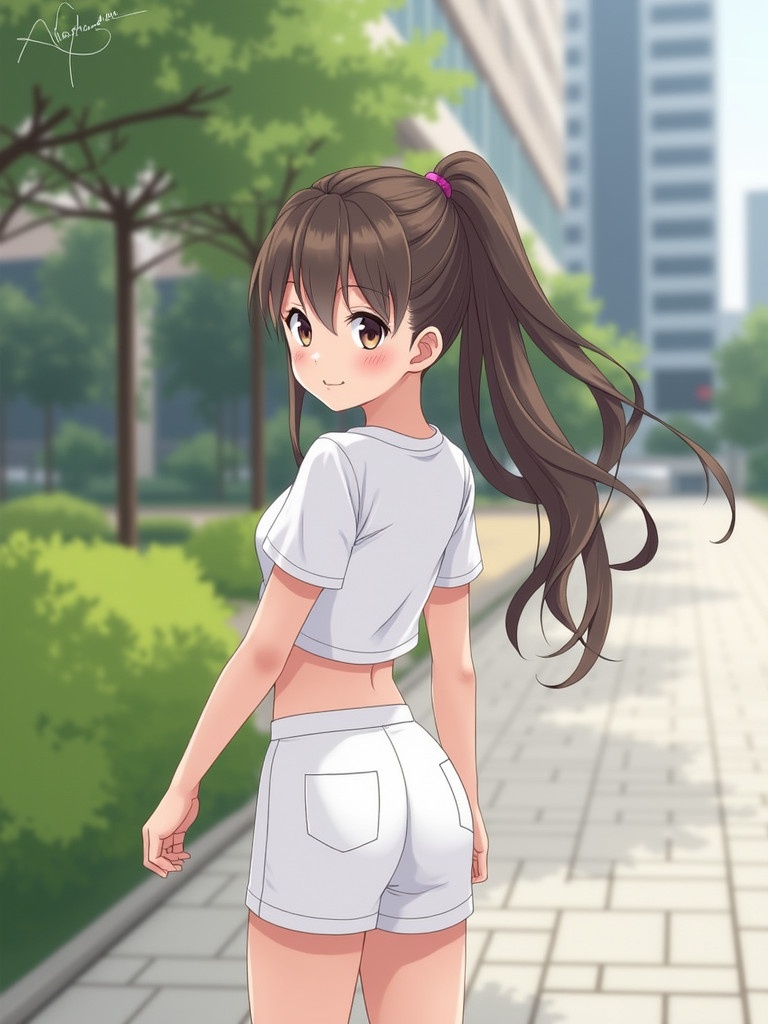 Image features a young girl with long hair in a ponytail. She wears a white two-piece outfit. The setting is outdoors with buildings and trees. The atmosphere is relaxed and summery.