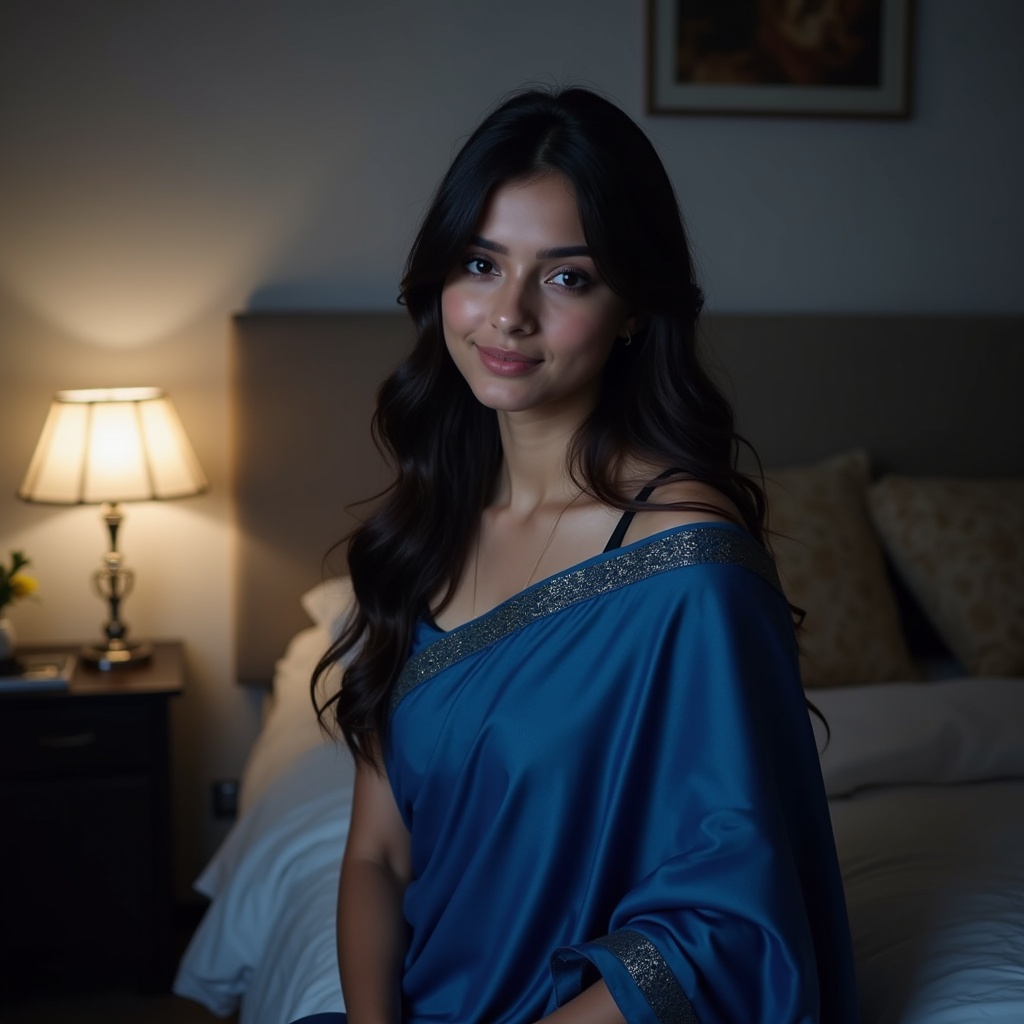 This image features a beautiful young woman in her bedroom. She is wearing a blue saree and has a natural, fresh appearance without makeup. The setting includes soft lighting from a bedside lamp, creating a warm and inviting atmosphere. The woman is sitting comfortably, emanating a relaxed vibe. This captures a moment of tranquility in a personal space, reflecting a blend of cultural elegance and modern lifestyle.