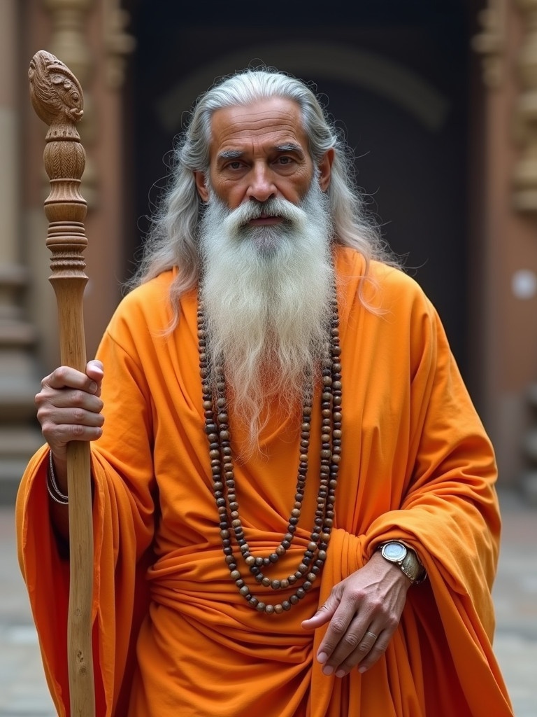 A serene Indian sage dressed in saffron robes holds a wooden staff. The sage wears a rudraksha mala and walks gracefully into a grand royal court.