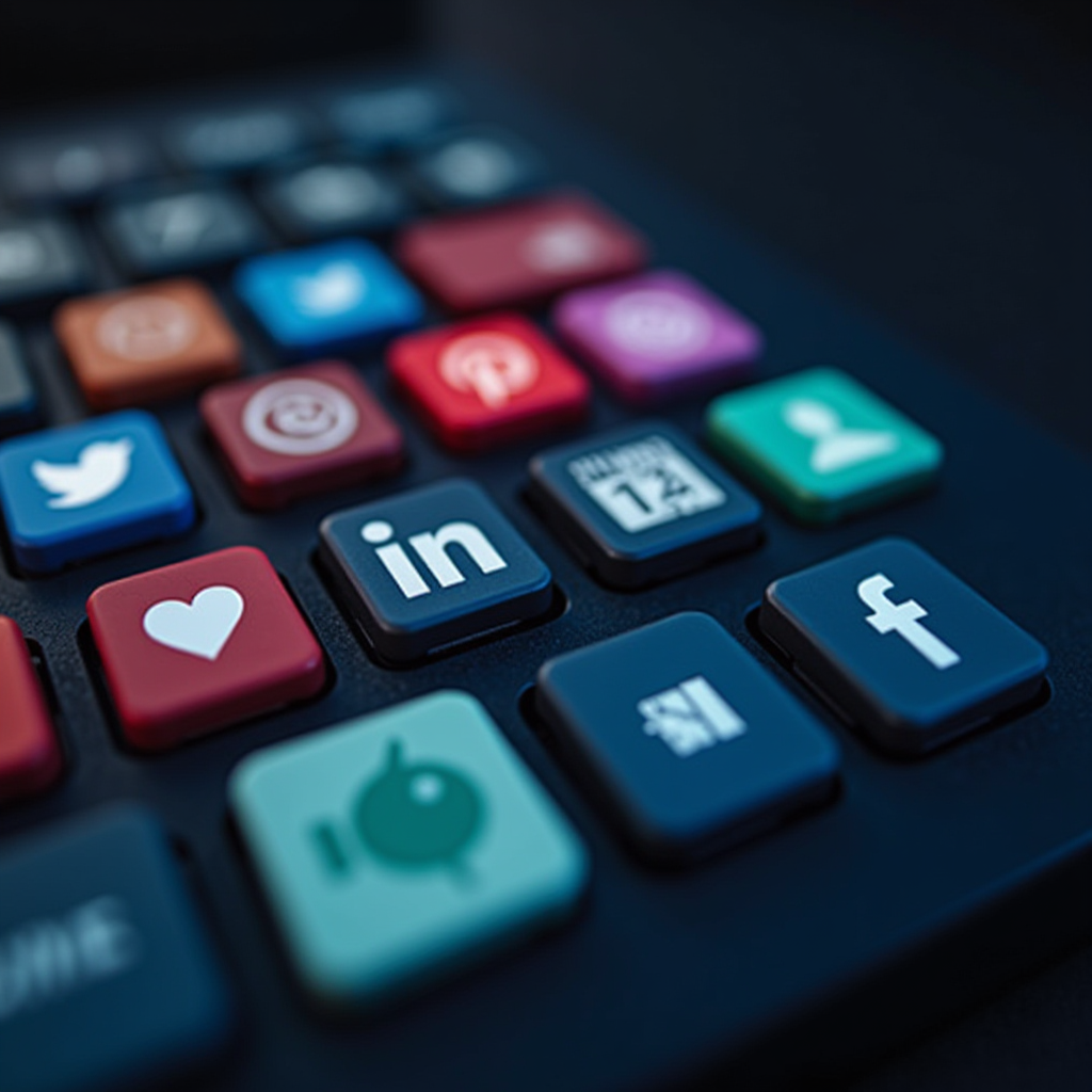 Close-up of keyboard keys featuring popular social media and digital icons.