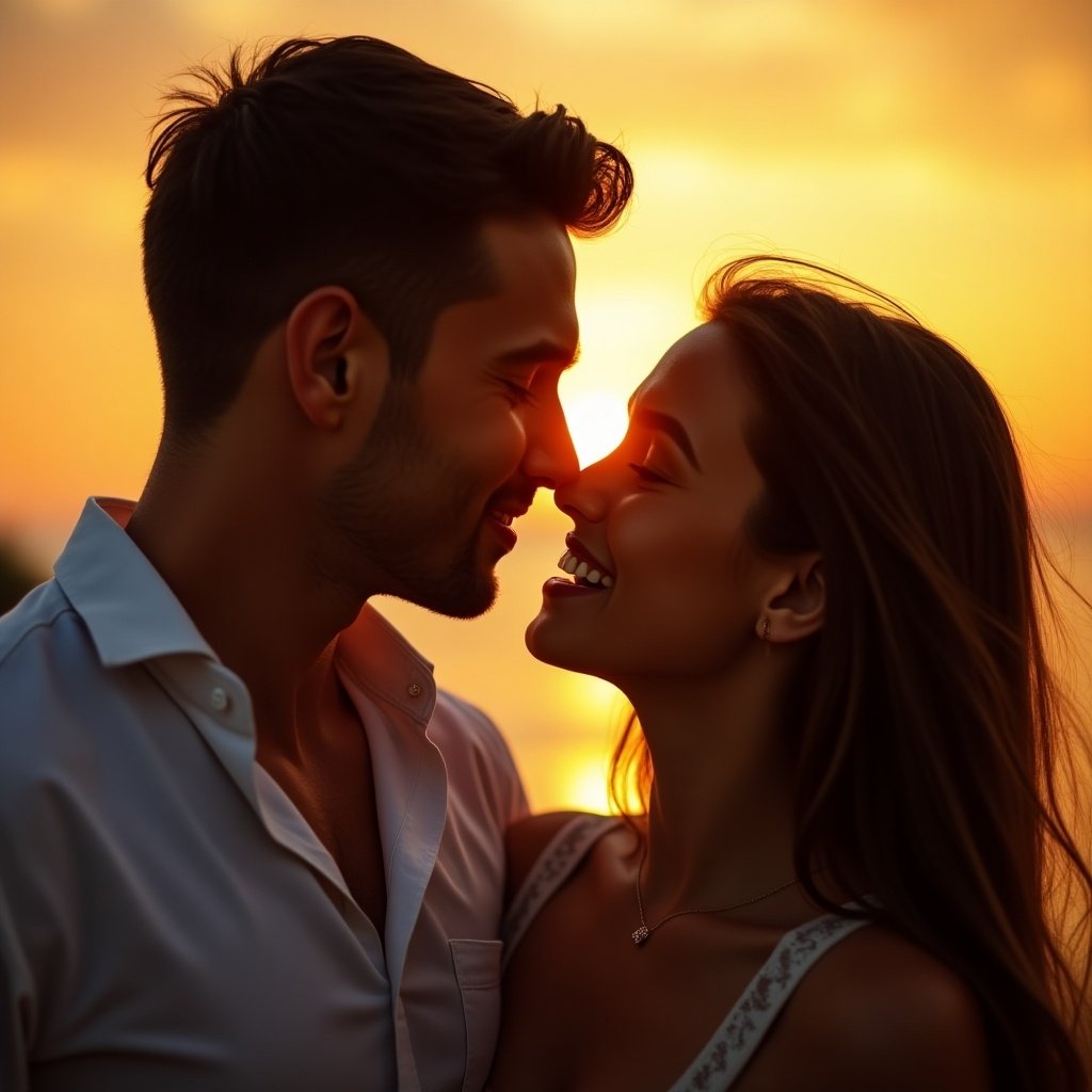 Couple sharing a kiss during sunset. Intimate moment highlighted by warm colors.