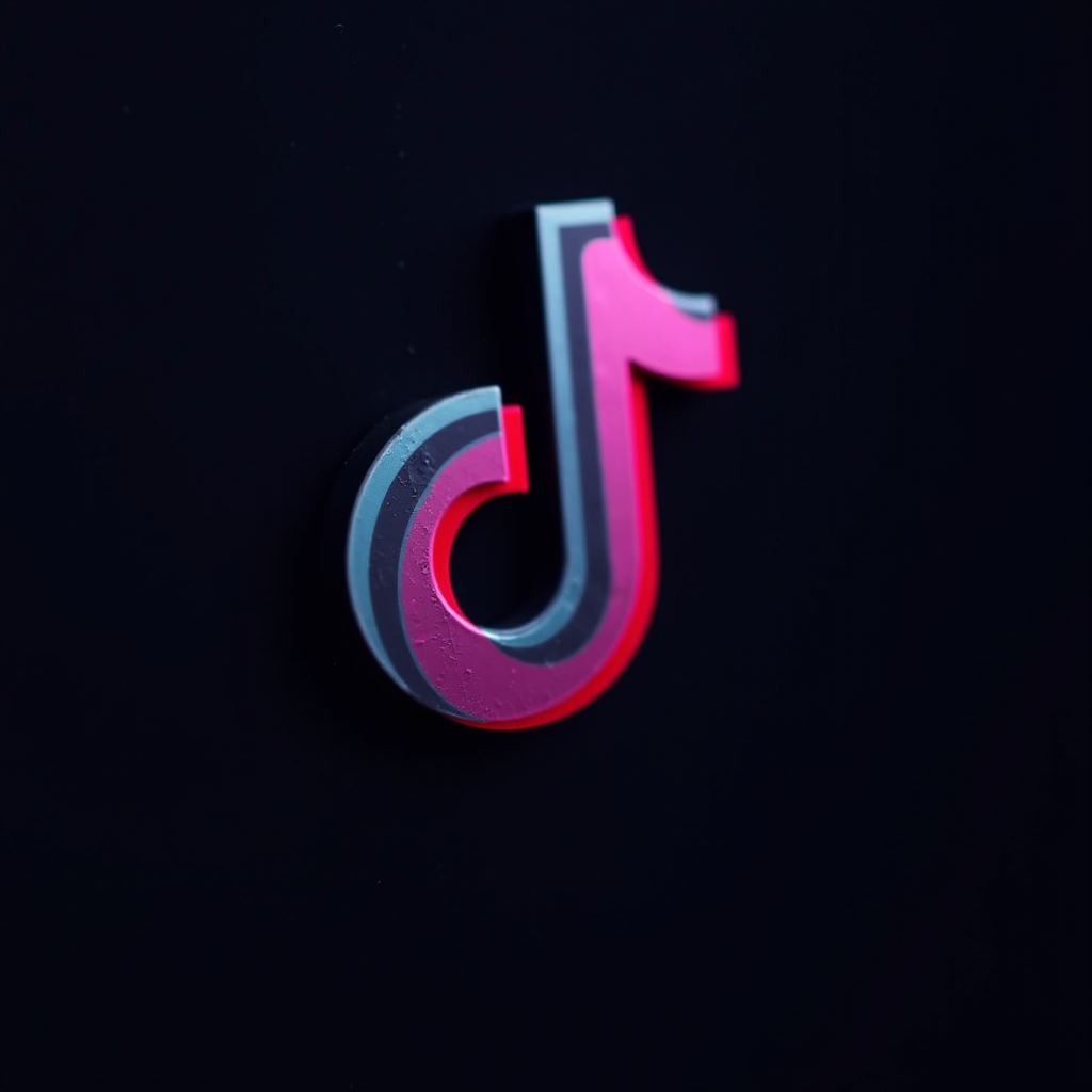 The image displays a 3D rendition of the TikTok logo against a dark background. The logo, primarily black with red and white accents, is shaped like a stylized musical note. It stands out sharply due to its glossy finish and prominent shadows, emphasizing its three-dimensional structure. The stark contrast between the logo’s vibrant colors and the black background creates a striking visual effect, making the logo appear as if it's illuminated from within.