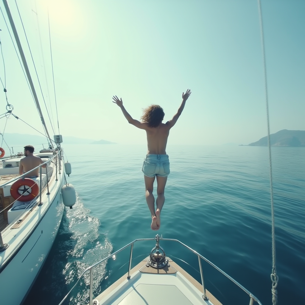 A person is jumping off a boat into calm sea waters on a sunny day.