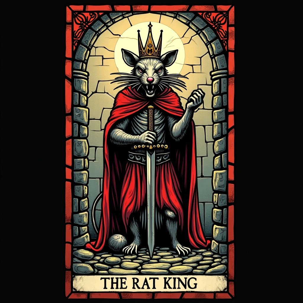 Stained glass tarot card of a giant Rat King. A vicious monster with five heads, wearing a crown and holding a sword. The background suggests an abandoned sewer. The words 'The RAT KING' are illustrated in gothic font at the bottom.