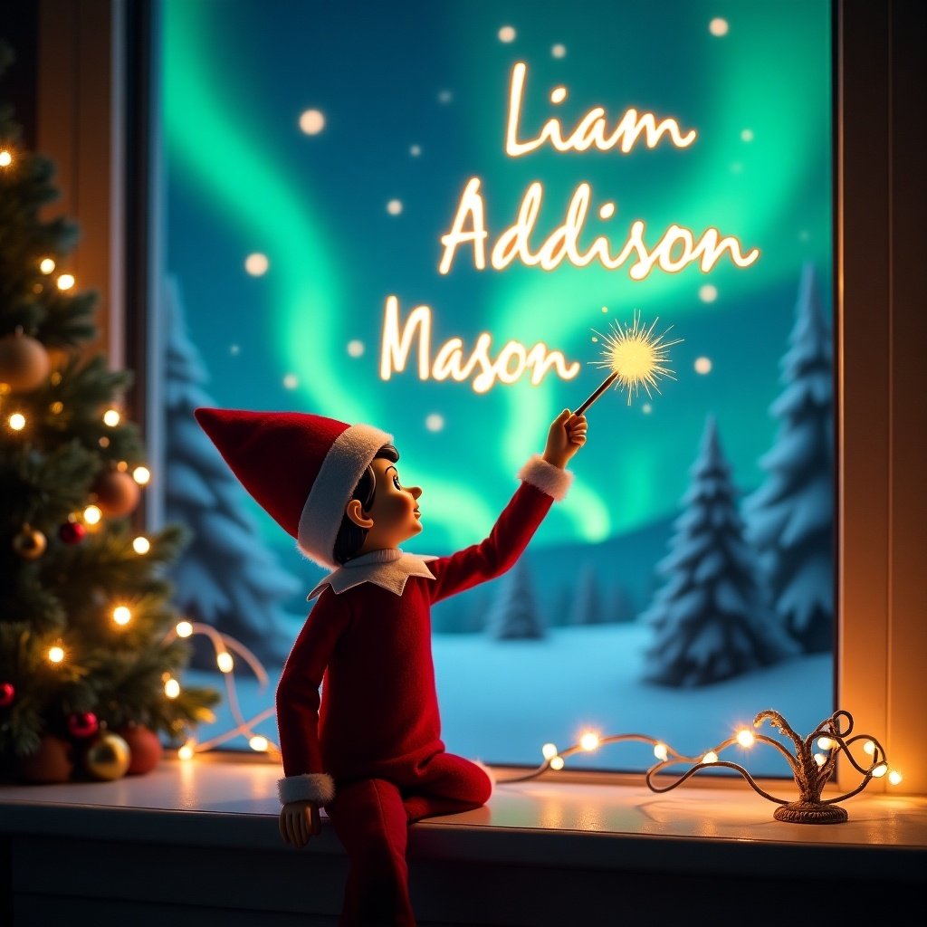 An enchanting Christmas scene featuring an elf on the shelf is facing the sky with his back to the viewer. The elf, dressed in red and white, wields a magic wand, writing 'Liam', 'Addison', 'Mason', and 'Sawyer' in a glowing script above him. The backdrop is adorned with vibrant northern lights, creating a magical ambiance. The scene embodies the festive spirit of Christmas with its decorations and lighting. It is whimsical and captures a moment of holiday joy and wonder, perfect for the season.