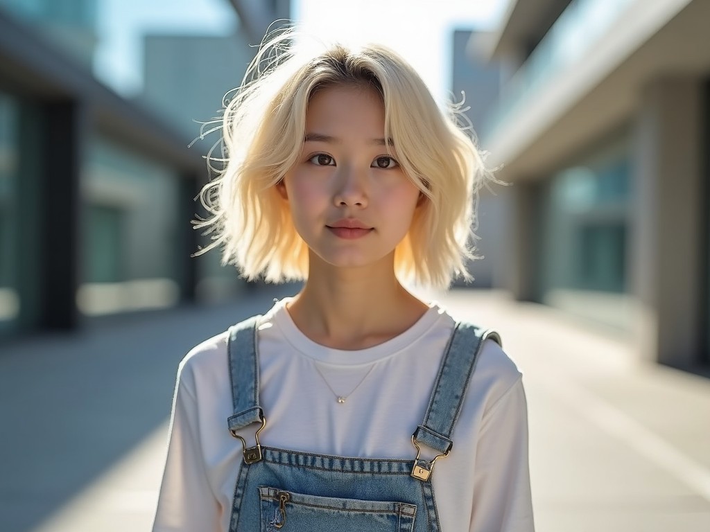 The image features a fresh-looking individual with Korean features, displaying slightly shorter, messy blonde hair that adds to the youthful appearance. The background showcases an urban setting with soft architectural lines that complement the subject. This portrait captures a candid moment in bright daylight, enhancing the natural beauty. The person is dressed casually in a white shirt and denim overalls, giving off a trendy yet laid-back vibe. The overall composition conveys a sense of effortless style and contemporary appeal.