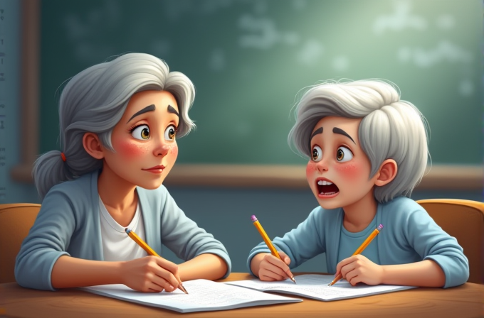 Two animated characters, resembling older women with grey hair, are sitting at a desk, intensely focused on writing with pencils.