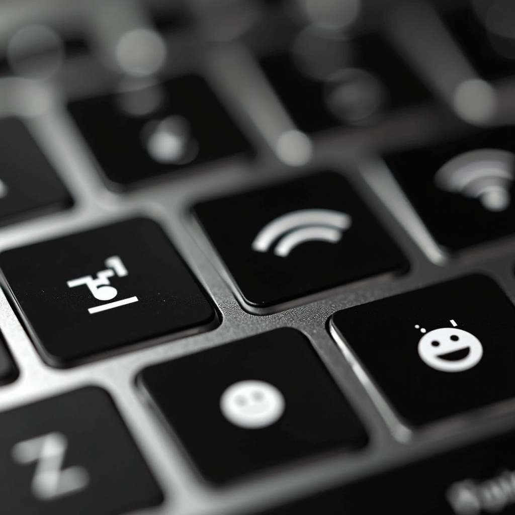 A close-up of black keyboard keys featuring icons like a smiling face and Wi-Fi symbol.