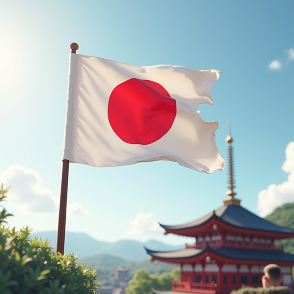 A Japanese flag waving in front of a traditional pagoda set against a scenic landscape.