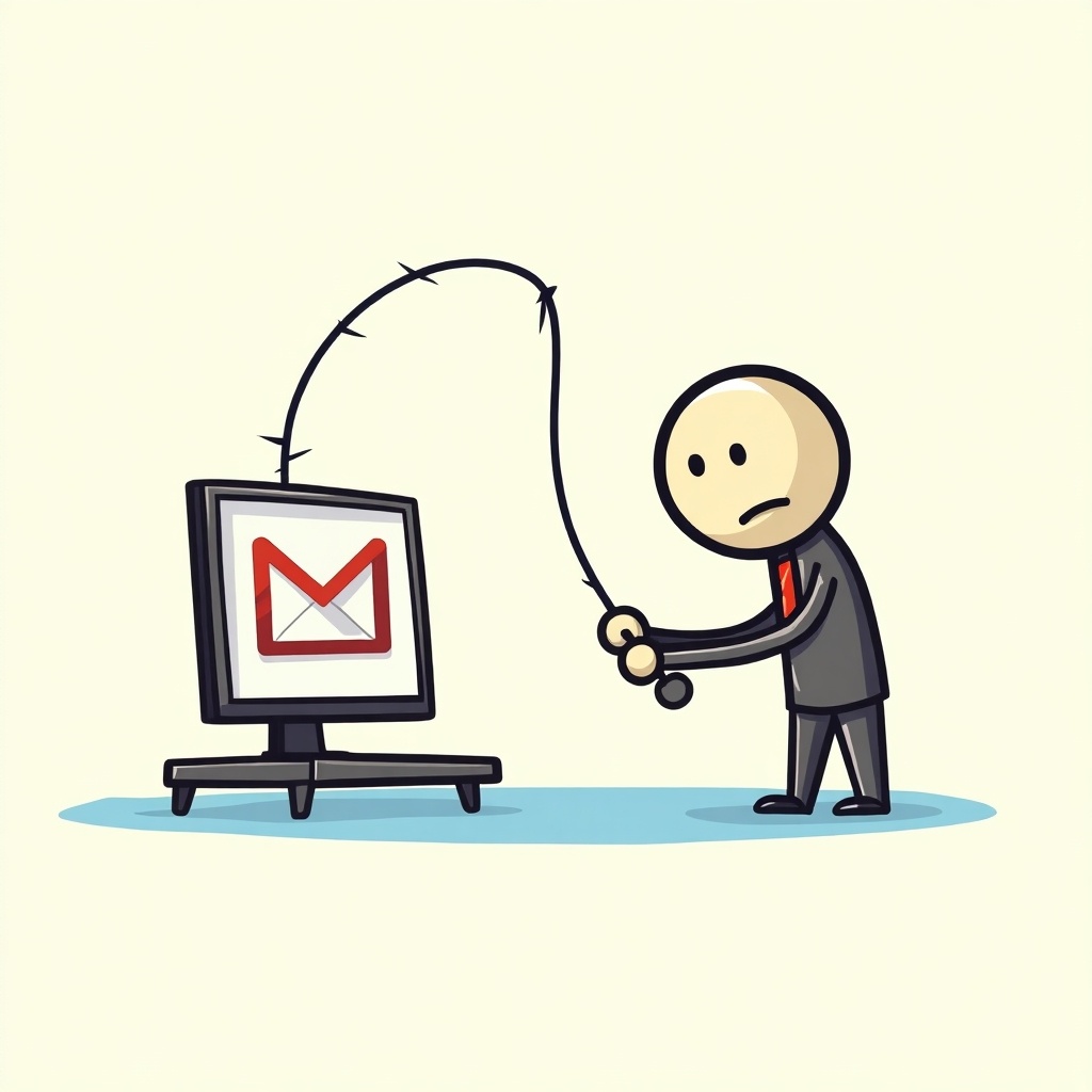 A stick figure represents an employee caught in a phishing attack. The figure wears a suit and appears concerned while a fishing line is directed towards a computer screen displaying a Gmail logo.