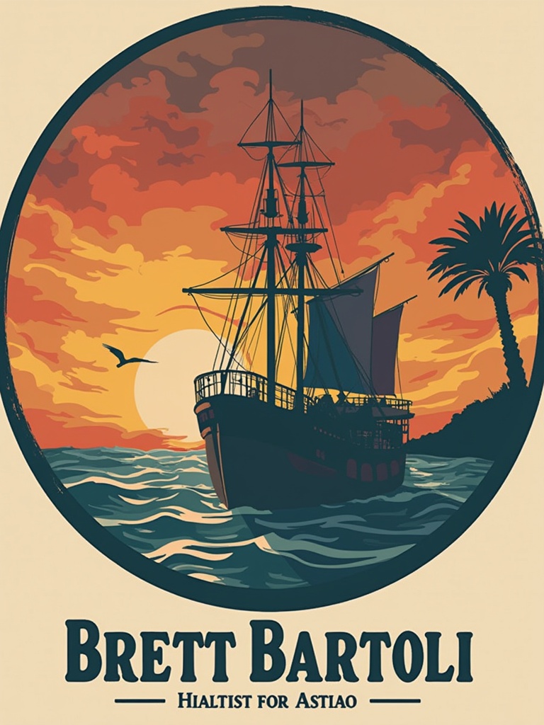 Logo design featuring a ship against a tropical sunset. Name 'Brett Bartoli' prominently displayed. Colorful illustration with palm trees and wavy water.