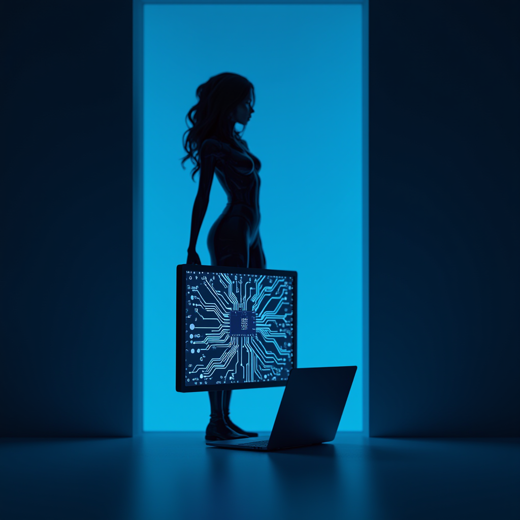 A silhouette of a woman holding a digital circuit board stands in a doorway backlit by a vibrant blue light, next to an open laptop.