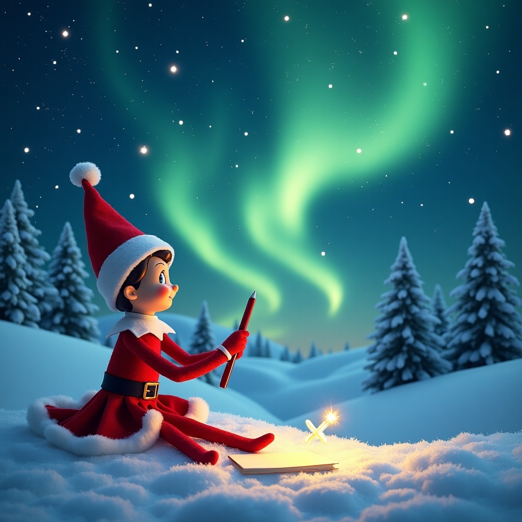 The image features an elf in a red Santa costume sitting in the snow. The elf is writing with a pen, gazing at the enchanting northern lights in the sky. Snow-covered trees create a magical winter backdrop. The scene conveys a sense of wonder and holiday cheer. It perfectly captures the festive spirit associated with Christmas and the whimsical concept of elves.