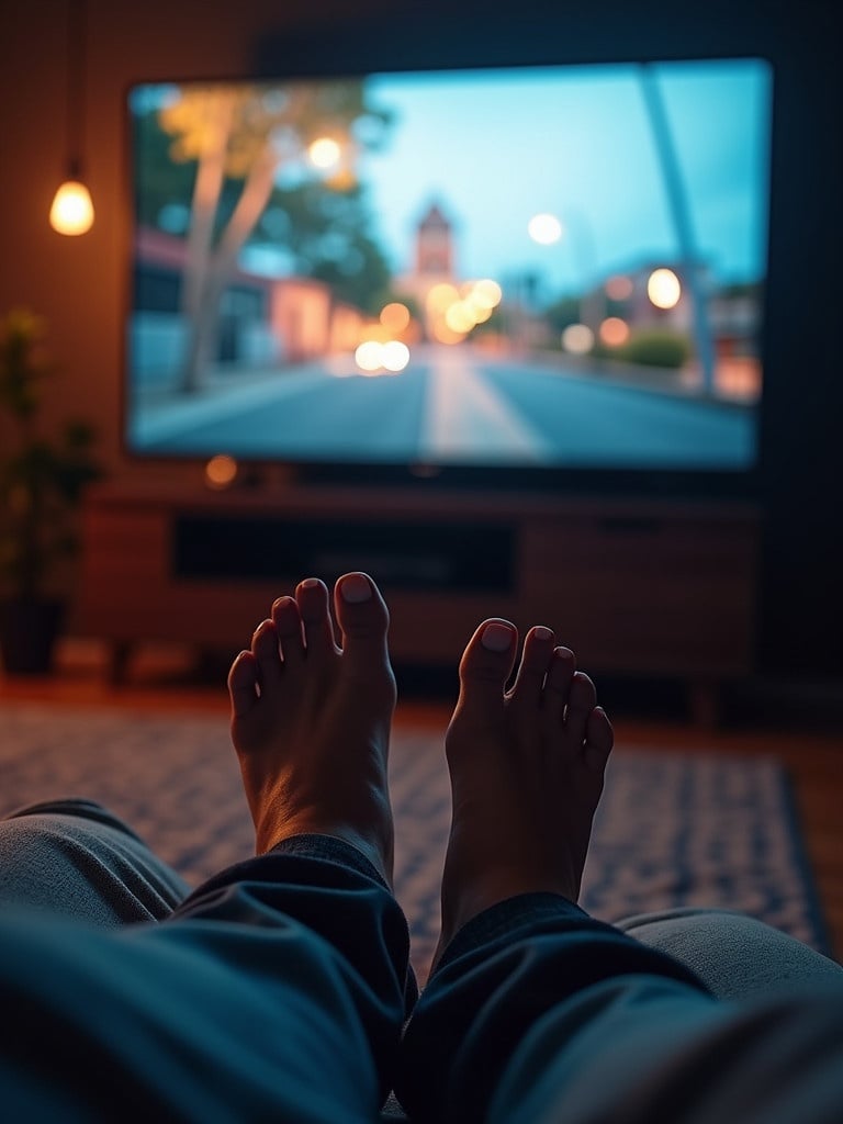 Close-up view of bare feet stretched out in front of a television screen. The room is dimly lit with ambient light creating a cozy atmosphere. A street scene is displayed on the TV, with soft blurred lights. The image captures a relaxing moment spent in a comfortable setting.