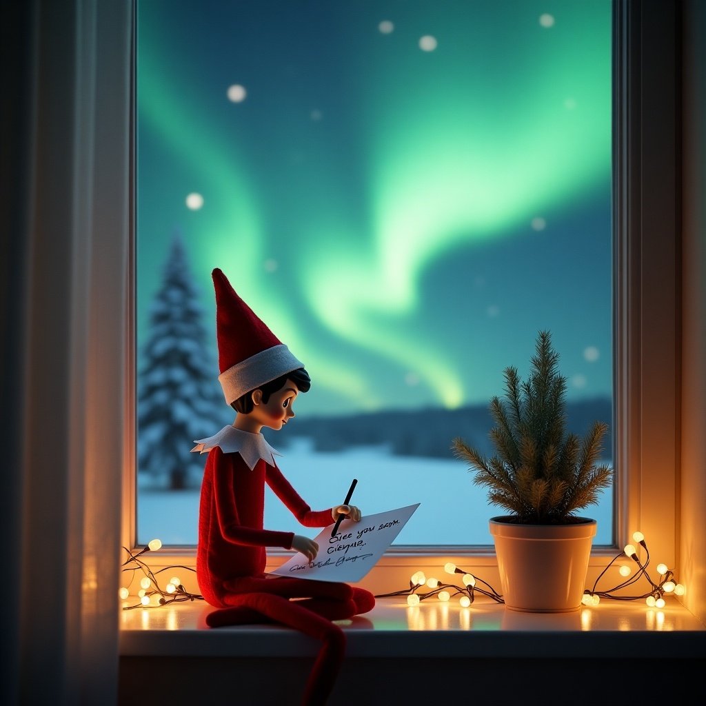 Elf on the shelf on a cozy windowsill writing a note. Northern lights glowing outside the window. Soft fairy lights surround the elf. Plant in a pot next to the elf. Whimsical holiday spirit captured beautifully.