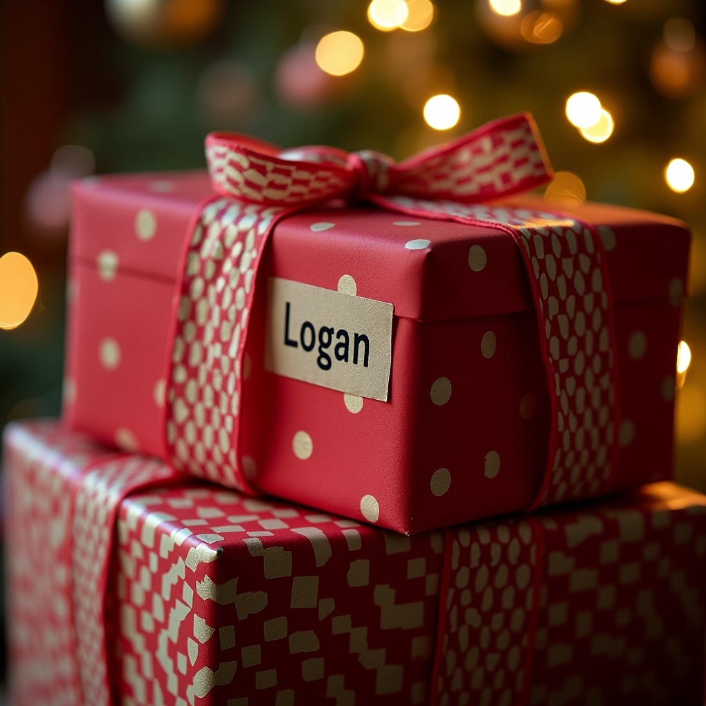 The image features beautifully wrapped gift boxes adorned with vibrant red and gold decorations. One of the boxes prominently displays the name 'Logan' on a name tag. Behind the presents, a softly lit Christmas tree creates a warm, festive ambiance. The focus is on the details of the gift wraps, highlighting polka dots and patterned ribbons. The overall atmosphere evokes a sense of joy and anticipation for the holiday season.