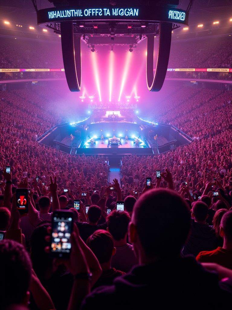 Travis Scott performing at Madison Square Garden on a 360 stage. Aerial view captures the excitement of the audience and vibrant stage lights.