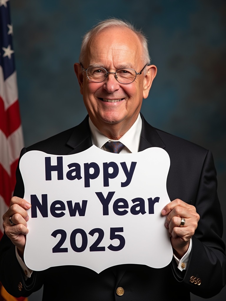 An individual holds a festive sign that says Happy New Year 2025. The background features a traditional flag. The subject fills the center of the composition.