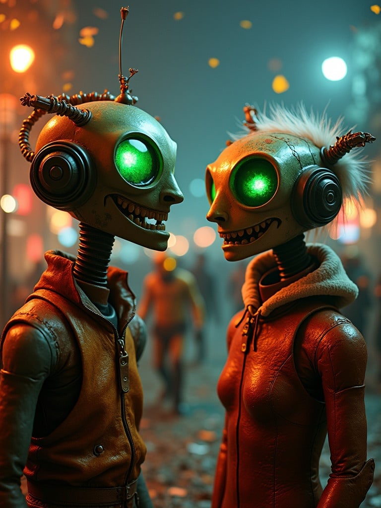 Futuristic robot characters celebrate New Year 2025. Two figures with unique designs stand face to face. The atmosphere is vibrant with festive lights in the background.