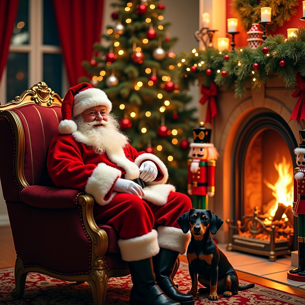 Image shows Santa Claus sitting in a lavish chair in front of a decorated fireplace. Christmas tree with ornaments and lights around. Warm fireplace light. Nutcracker figures on the mantle. Dachshund sitting by the fire. Red curtains in the background. Overall essence of Christmas joy.