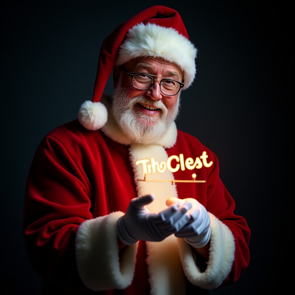 Image features Santa Claus in a red and white suit. He is joyfully holding an eyeglass. The background is dark, enhancing the glow of the text. The scene evokes holiday magic.