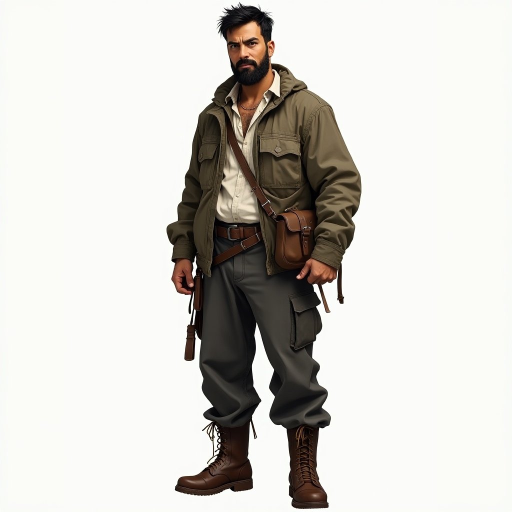 Male character stands in survival gear. Outfit includes torn shirt, wet pants, sailor jacket, worn boots, survival pouch. Medium build and tan skin. Appears ready for adventure.