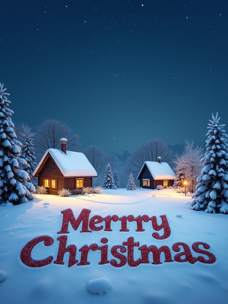 Snowy scene featuring 'Merry Christmas' text with snowflakes falling. Night sky is blue and filled with stars. Cozy cottages illuminate the background.